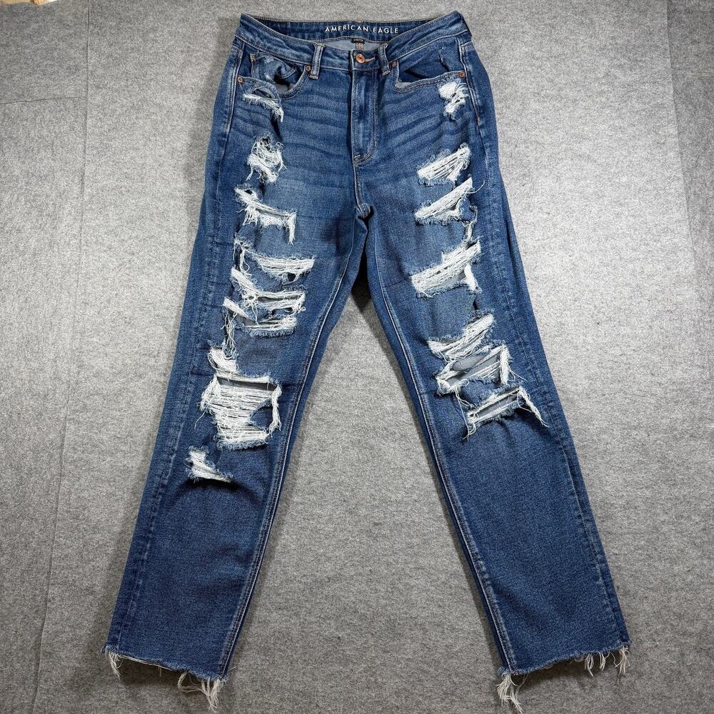 American Eagle Mom Jeans Womens 8 Blue Denim High Rise Distressed Ripped
